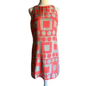 MILLY | Geometric Silk Twill Mod Shift Cocktail Dress Coral and Gray - Size 4